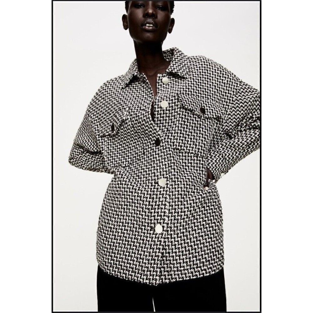 Zara Jacket Black Tweed Textured Woven Plaid Frayed Overshirt Shacket Size XS